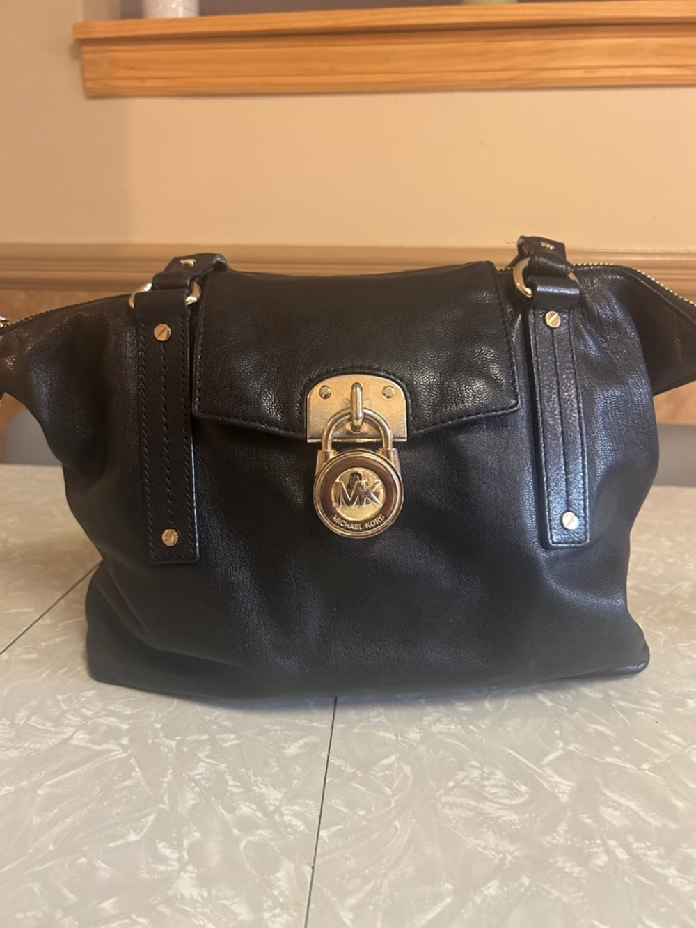 Michael Kors Black Leather Shoulder Bag with Gold MK Lock